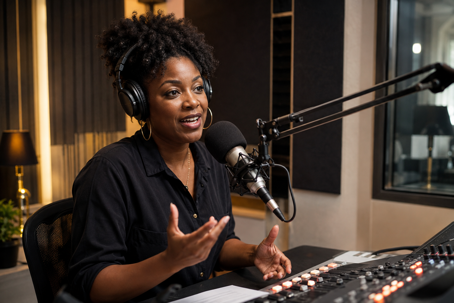 Black woman broadcasting at a studio microphone for Golding Touch Radio